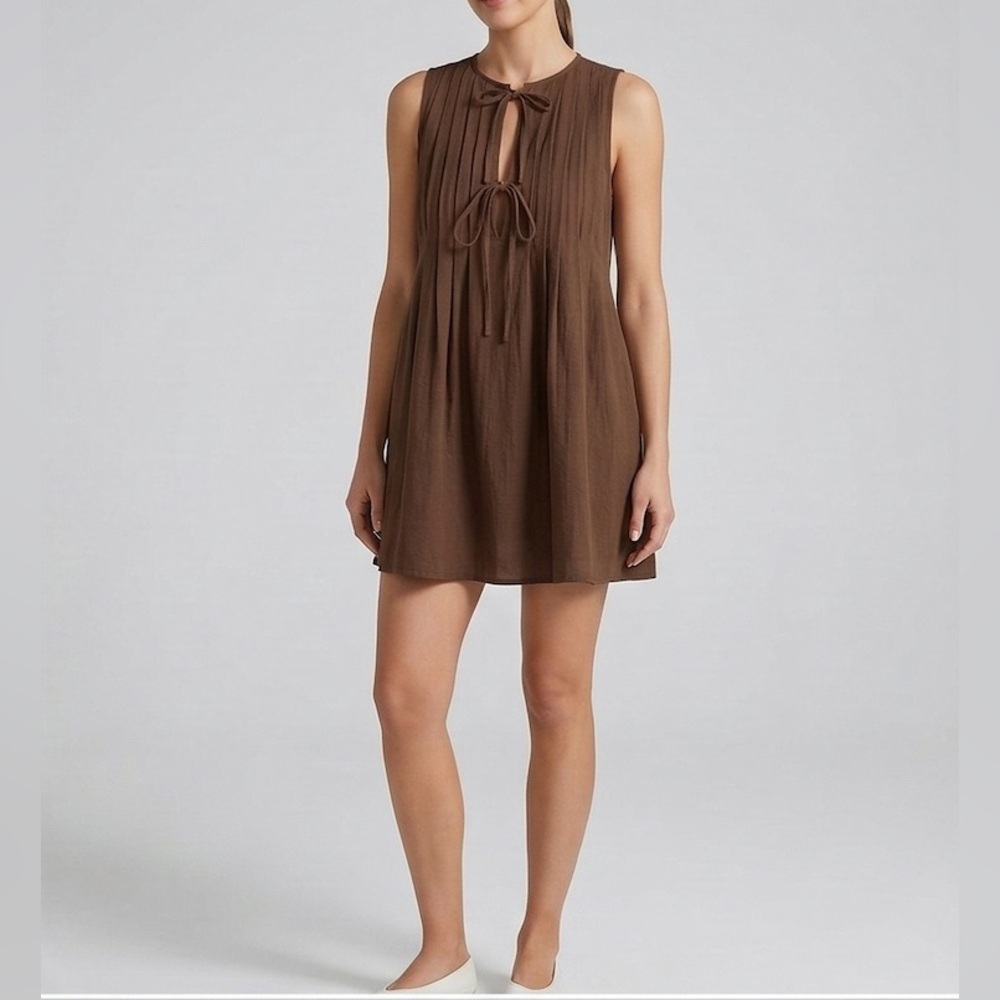 Earthy 100% Cotton Pleated Tie-Front Mini Dress Chocolate Brown
